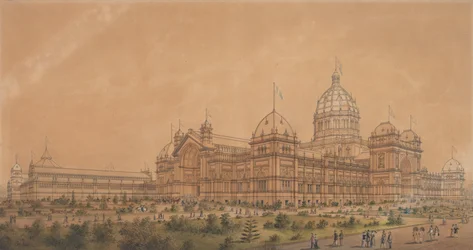 Das Ausstellungsgebäude Melbourne 1880, die Südwestansicht der Haupthalle
